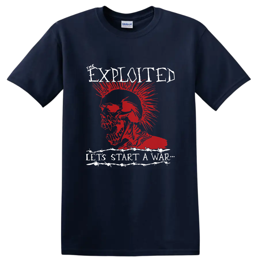 The Exploited Let’s Start a War red mohawk skull punk graphic on a Navy (Blue) T Shirt