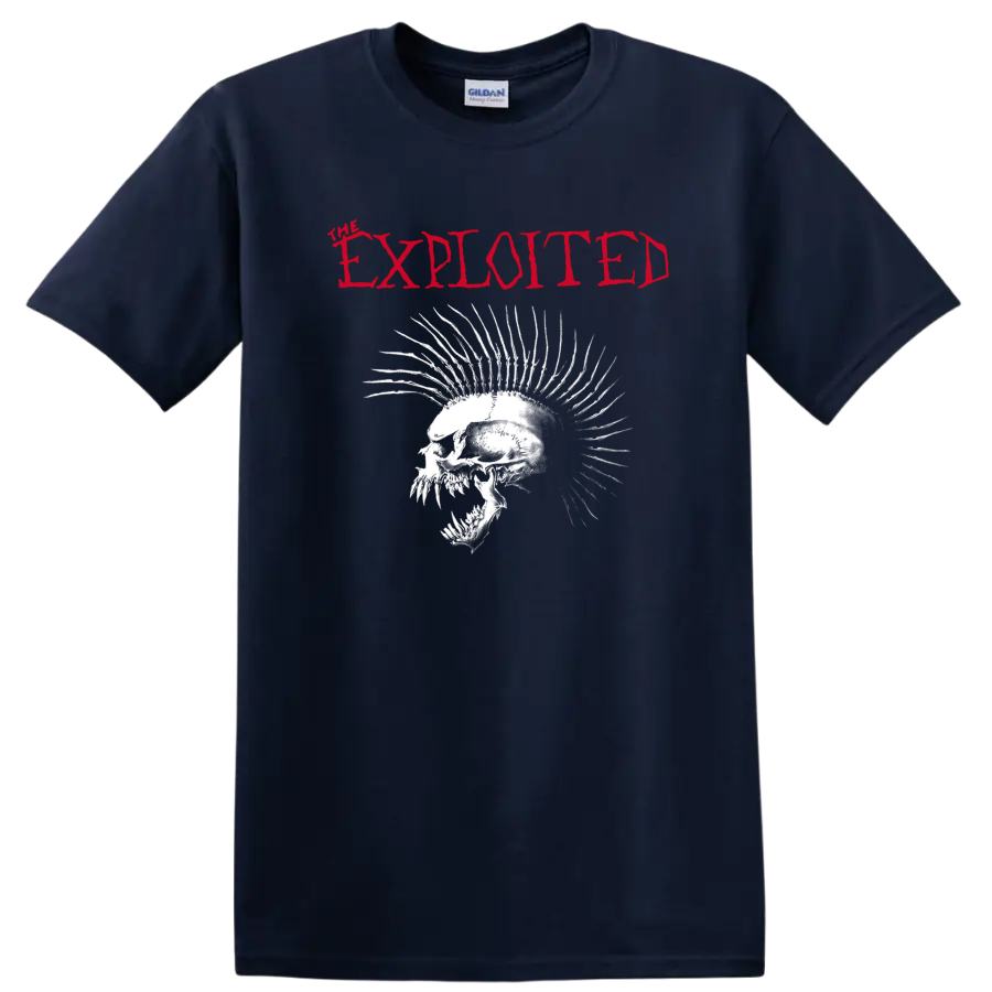 The Exploited distressed red logo above a white spiked skull punk graphic on a Navy (Blue) T Shirt
