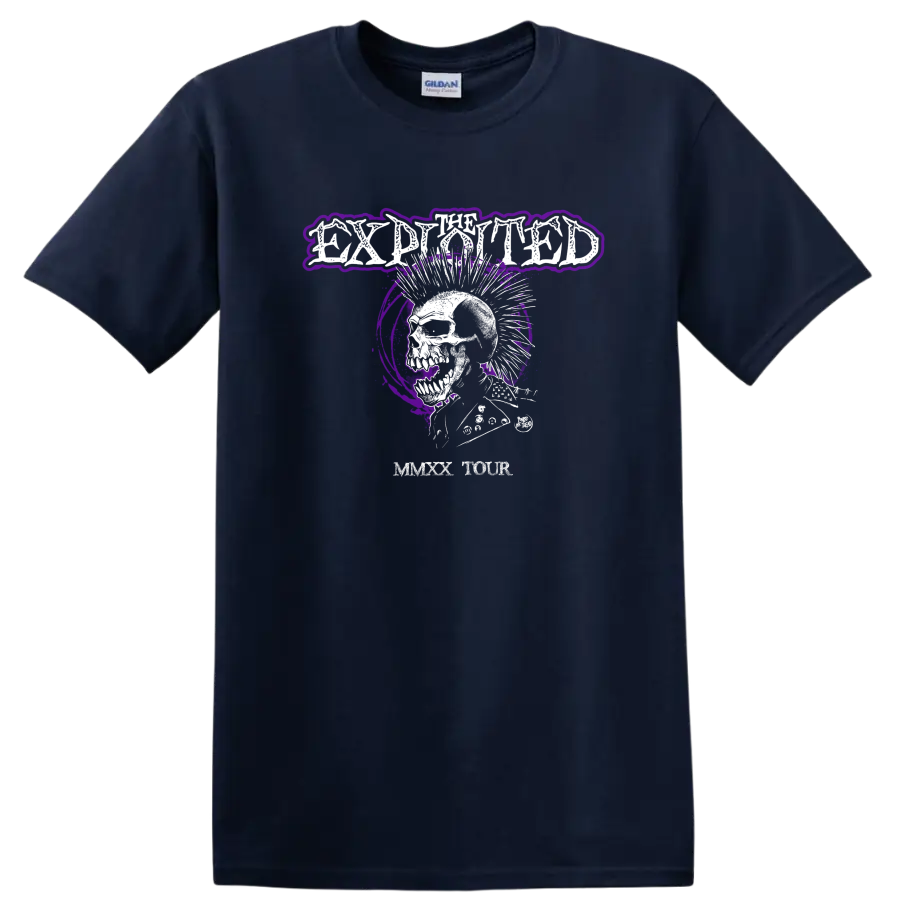 The Exploited distressed skull graphic with purple splatter punk rock artwork on a Navy (Blue) T Shirt