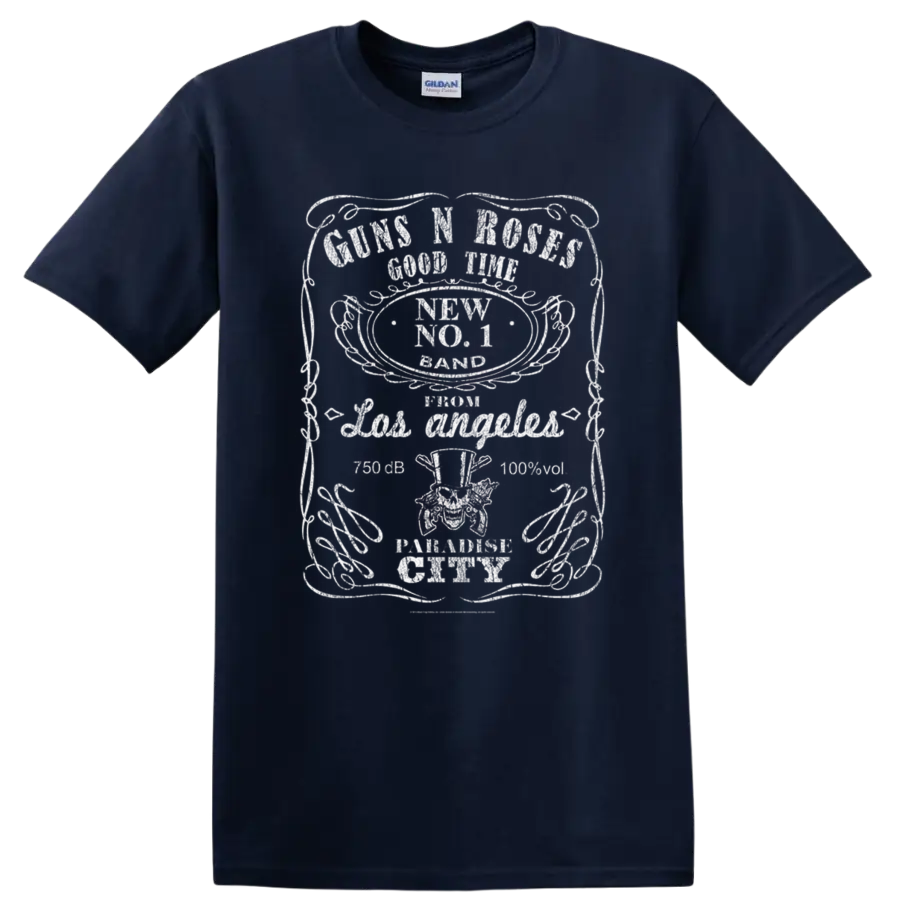 Guns N' Roses distressed rock band emblem graphic with red accents on a Navy (Blue) T Shirt