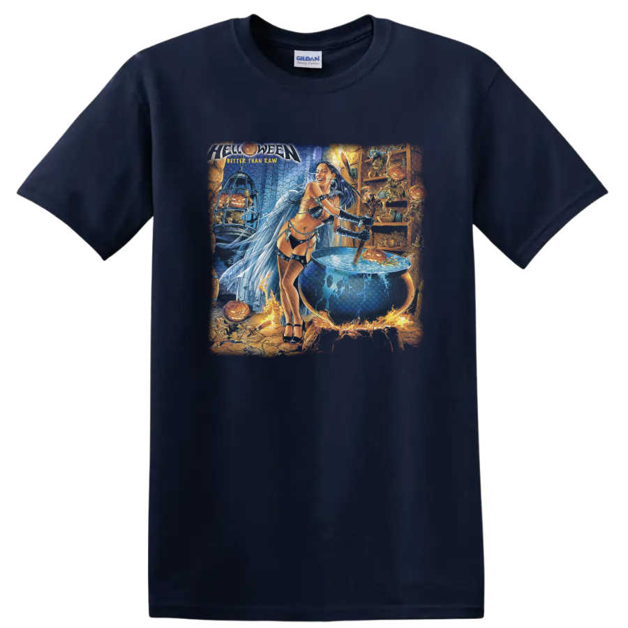 Helloween Better Than Raw fantasy woman, lightning, cauldron and pumpkin artwork on a Navy (Blue) T Shirt