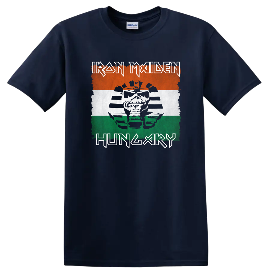 Iron Maiden Eddie face with distressed orange, white, and green tricolor logo art on a Navy (Blue) T Shirt