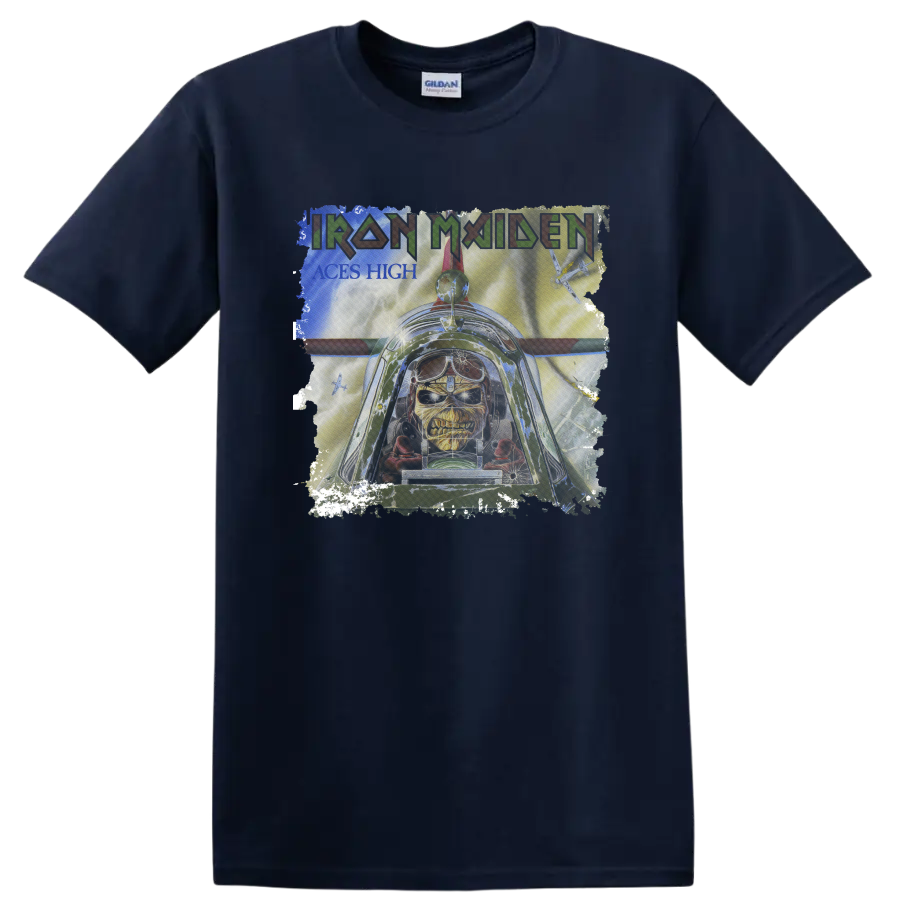 Iron Maiden Aces High Eddie distressed cockpit and fighter plane graphic on a Navy (Blue) T Shirt