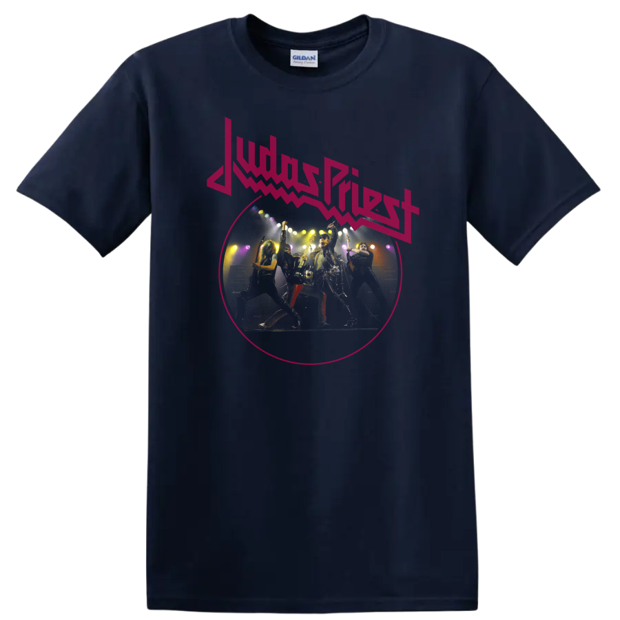 Judas Priest neon pink logo above vintage-style heavy metal concert performance artwork on a Navy (Blue) T Shirt
