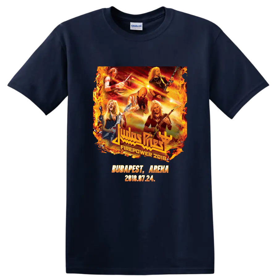 Judas Priest Firepower 2018 Budapest Arena concert collage with flames and guitars on a Navy (Blue) T Shirt