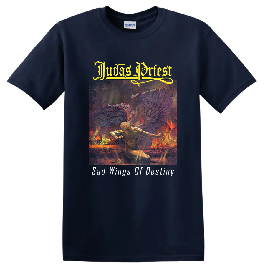 Judas Priest Sad Wings of Destiny flaming angel with wings and gothic lettering on a Navy (Blue) T Shirt