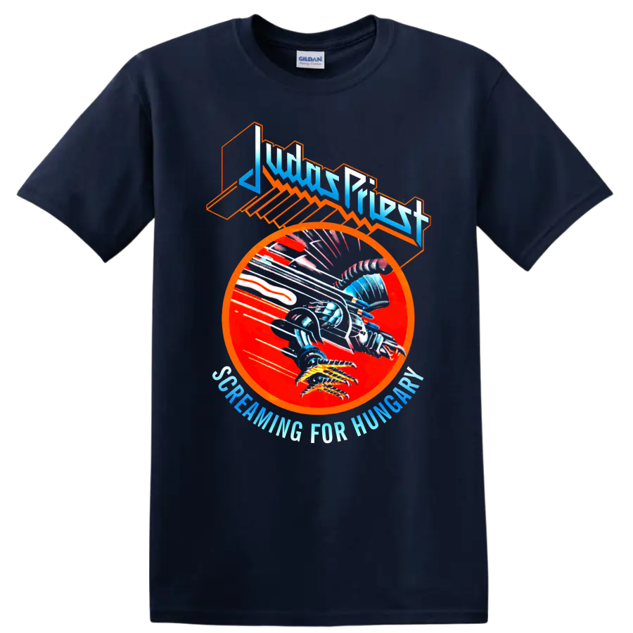 Judas Priest Screaming for Vengeance eagle graphic with red circle and angular logo on a Navy (Blue) T Shirt