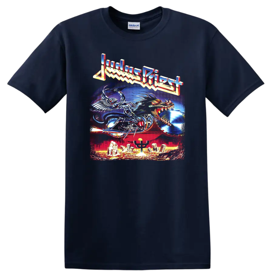 Judas Priest Painkiller fantasy metal artwork with chrome rider, dragon, and city skyline on a Navy (Blue) T Shirt
