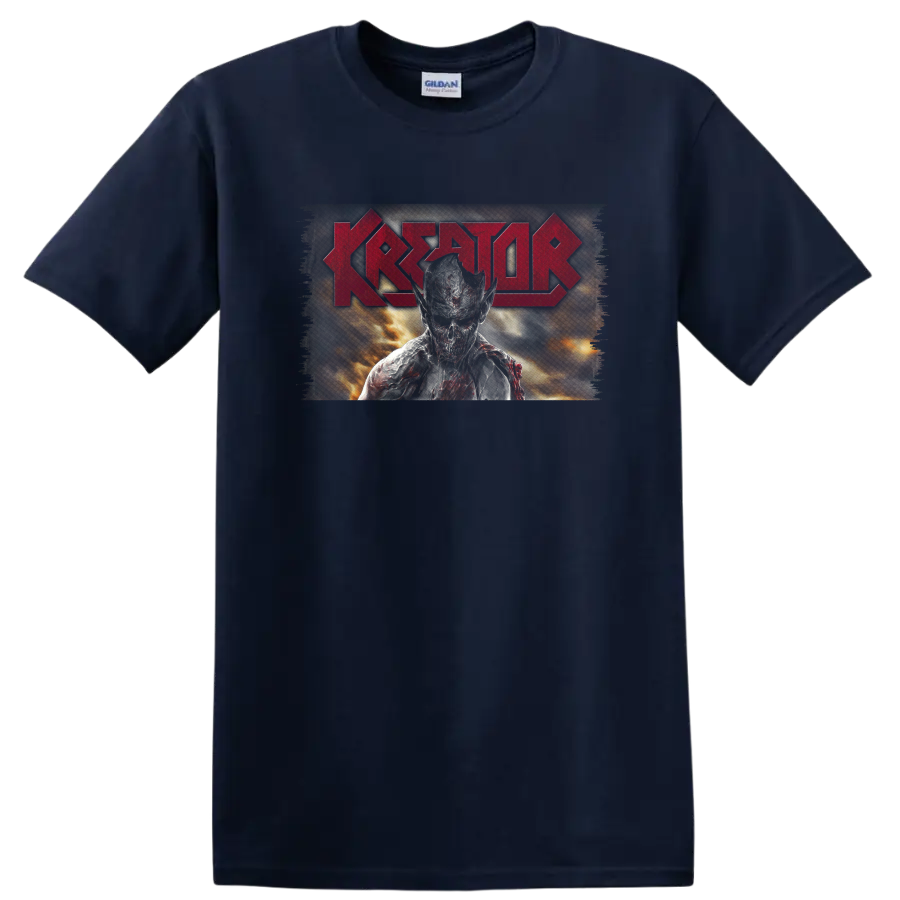 Kreator red logo with fiery central figure in distressed thrash metal artwork on a Navy (Blue) T Shirt