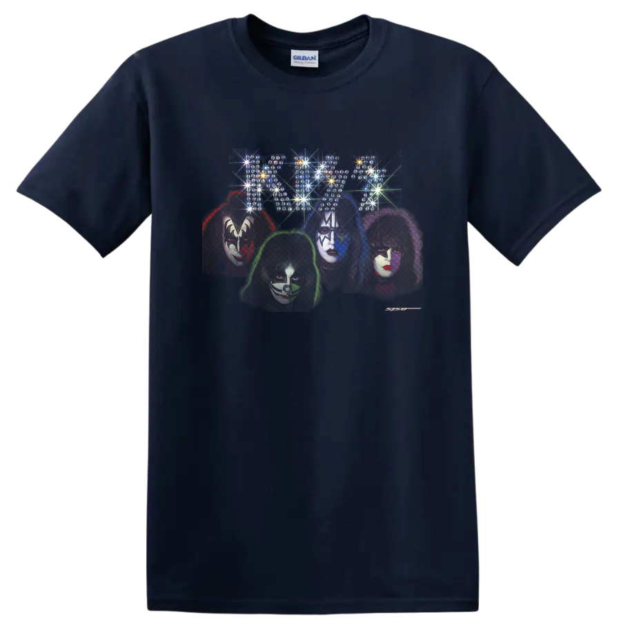 KISS Spun Out style four makeup portraits with psychedelic starburst artwork on a Navy (Blue) T Shirt