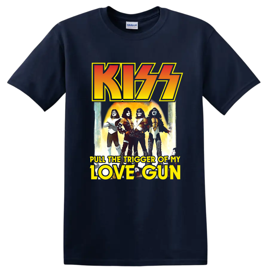 KISS Love Gun retro graphic with band lineup, fiery glow, and bold logo lettering on a Navy (Blue) T Shirt
