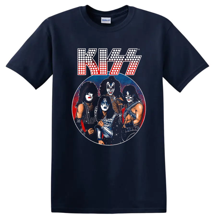 Distressed KISS band portrait with stage makeup in a red and blue circular graphic on a Navy (Blue) T Shirt
