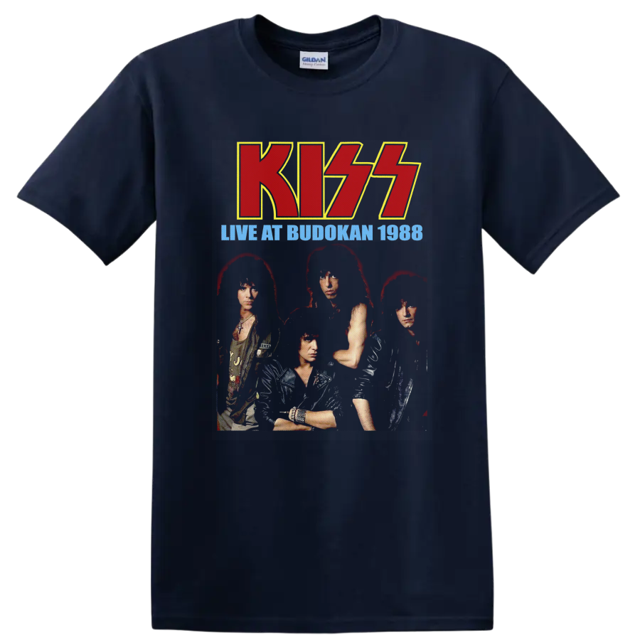 KISS Live at Budokan 1988 vintage concert portrait with red logo and blue text on a Navy (Blue) T Shirt