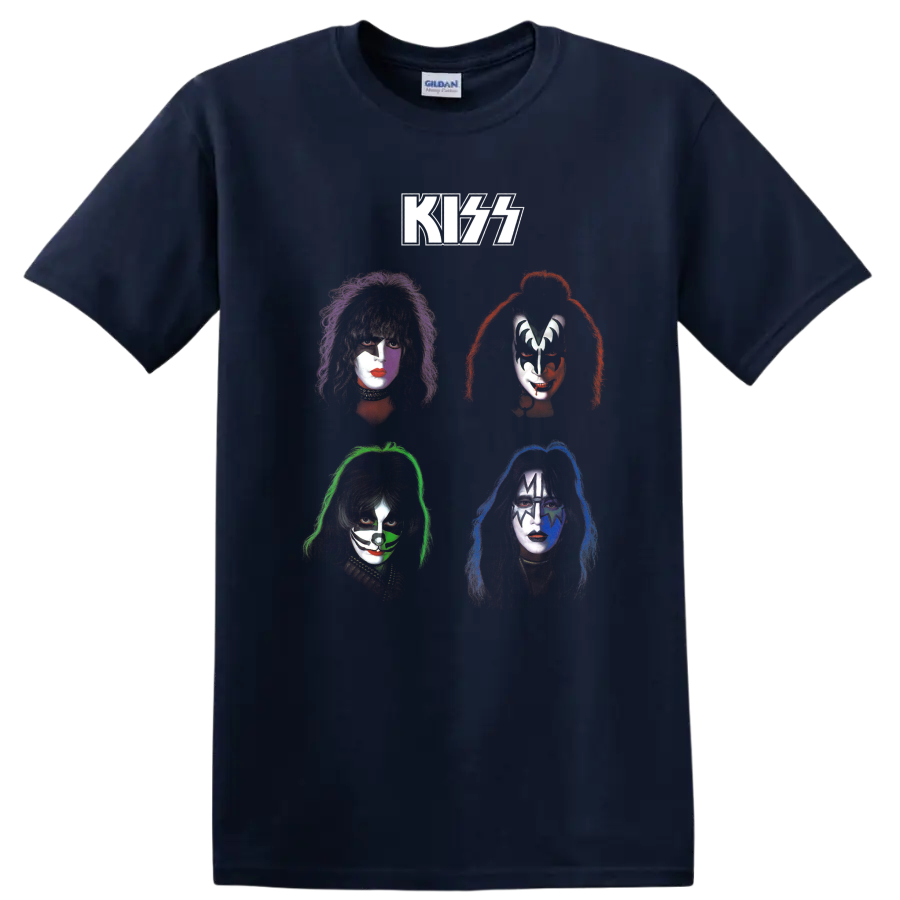 KISS Rock and Roll Over inspired four face-paint portraits in a vintage graphic on a Navy (Blue) T Shirt