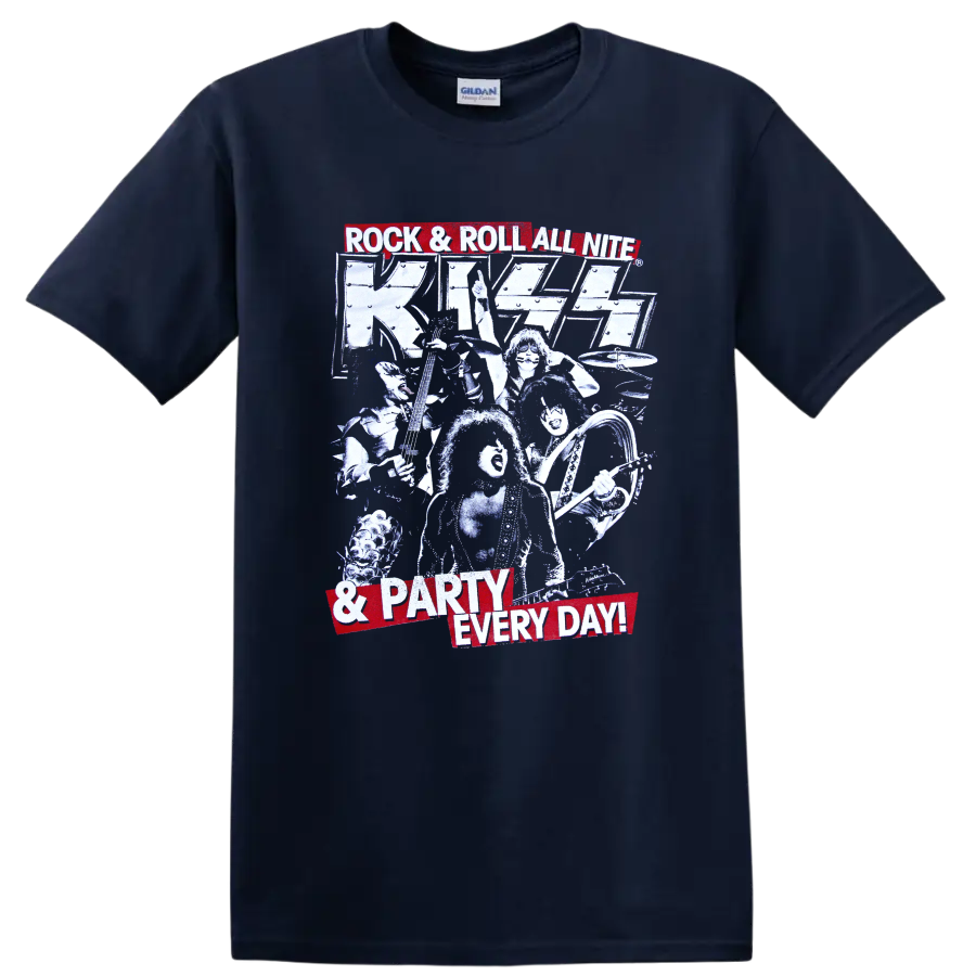 KISS Rock and Roll All Nite retro concert graphic with performers, guitars and drums on a Navy (Blue) T Shirt