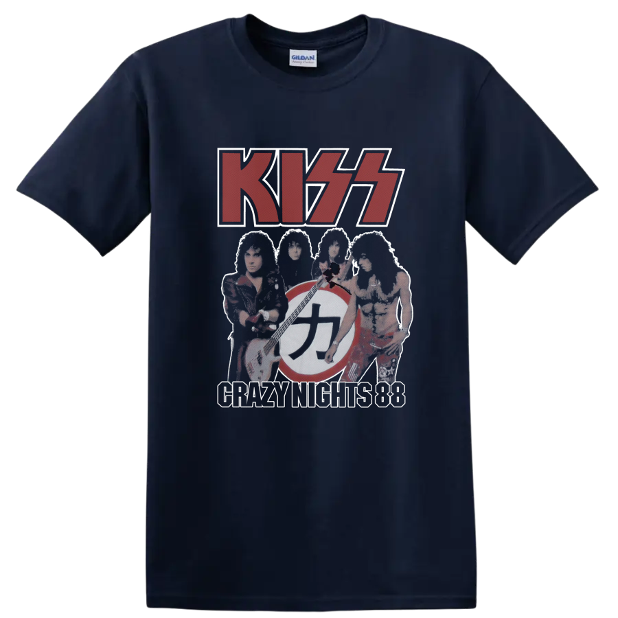 KISS Dressed to Kill red logo with faded band collage and circular emblem on a Navy (Blue) T Shirt