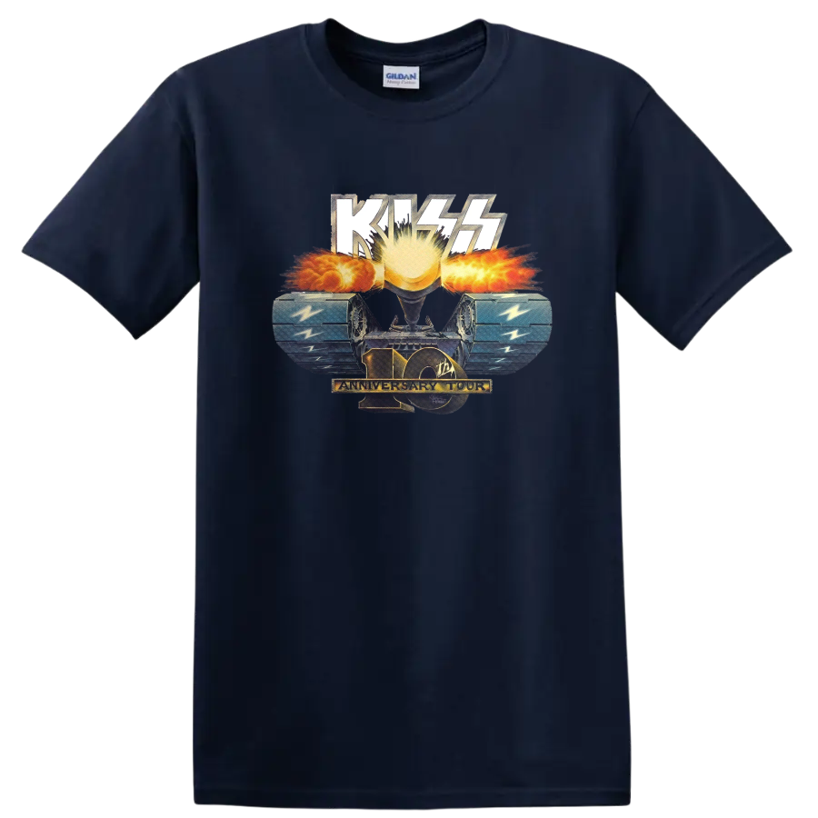 KISS 10th Anniversary Tour sunburst and blue wings retro concert graphic on a Navy (Blue) T Shirt