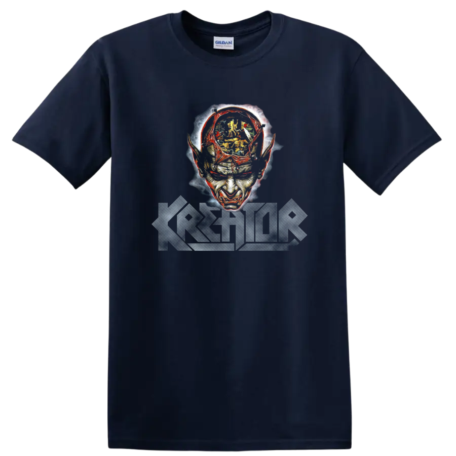 Kreator Phantom Antichrist distressed skull face with jagged band logo on a Navy (Blue) T Shirt
