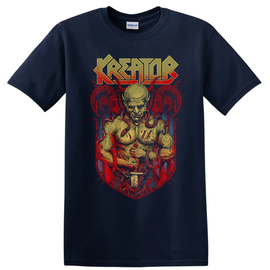 Kreator logo above a snake-wrapped figure in distressed red, yellow, and blue metal art on a Navy (Blue) T Shirt