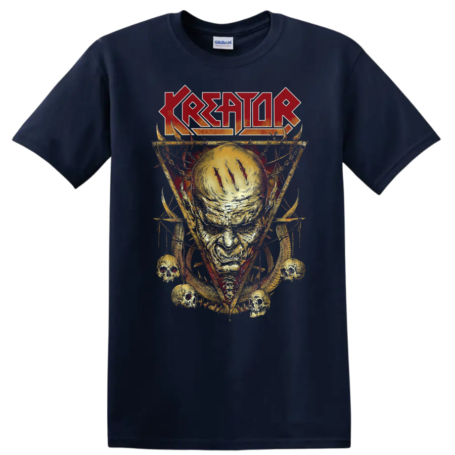 Kreator logo above a fiery skull with glowing halo, spikes, and small skulls on a Navy (Blue) T Shirt