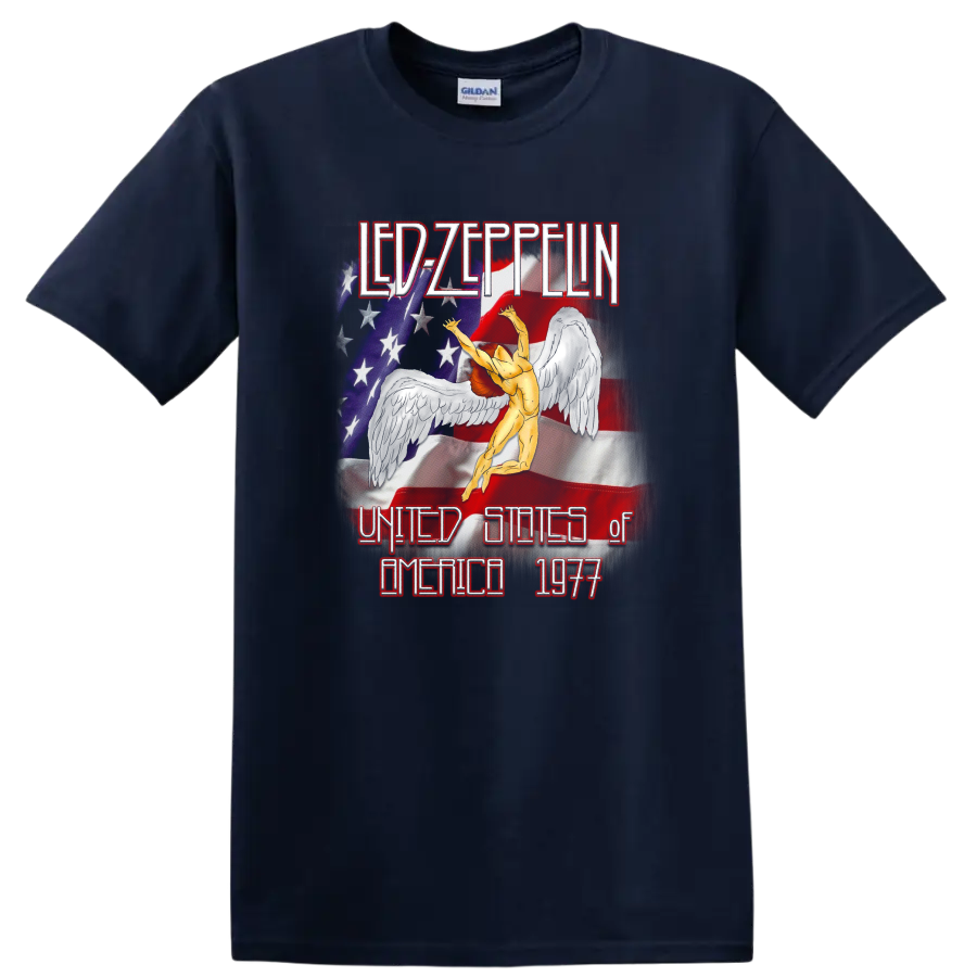 Led Zeppelin 1977 US tour Icarus figure with distressed American flag artwork on a Navy (Blue) T Shirt