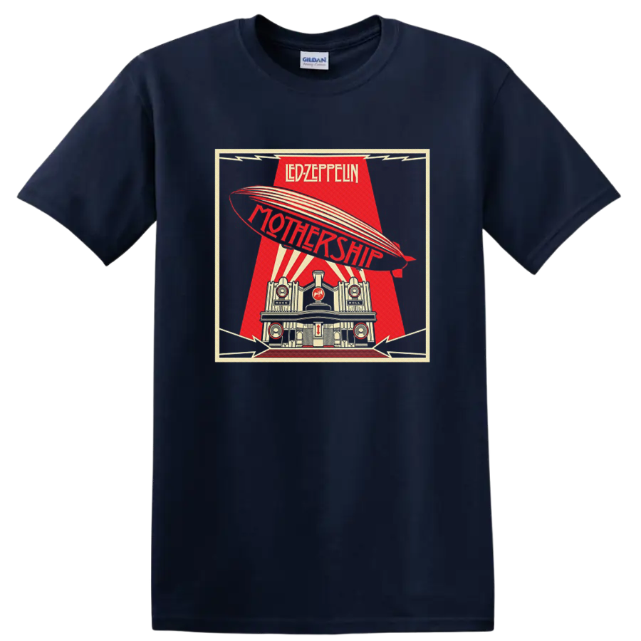 Led Zeppelin Mothership retro poster with airship, rays, and architectural scene on a Navy (Blue) T Shirt