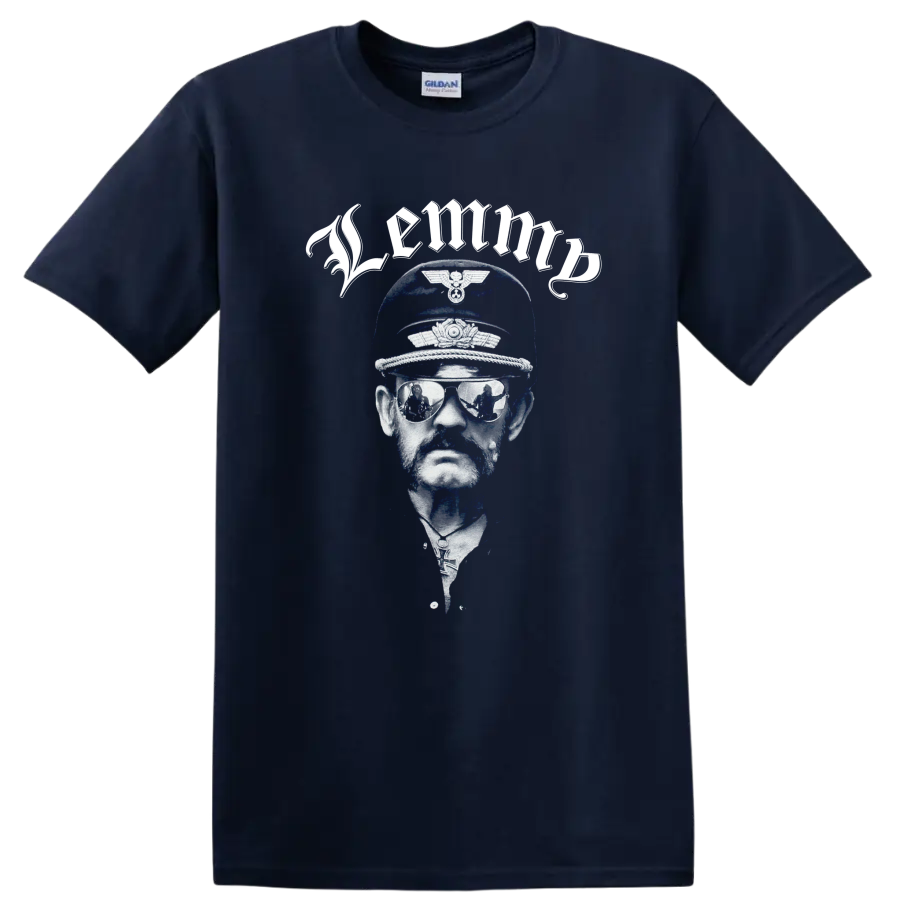Motörhead Lemmy Kilmister blue and white portrait with cap and mirrored shades on a Navy (Blue) T Shirt
