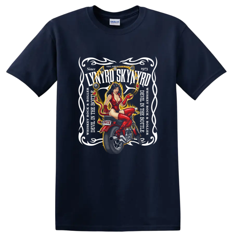 Red pinup femme in a gold ornamental frame with hearts and Fate lettering on a Navy (Blue) T Shirt