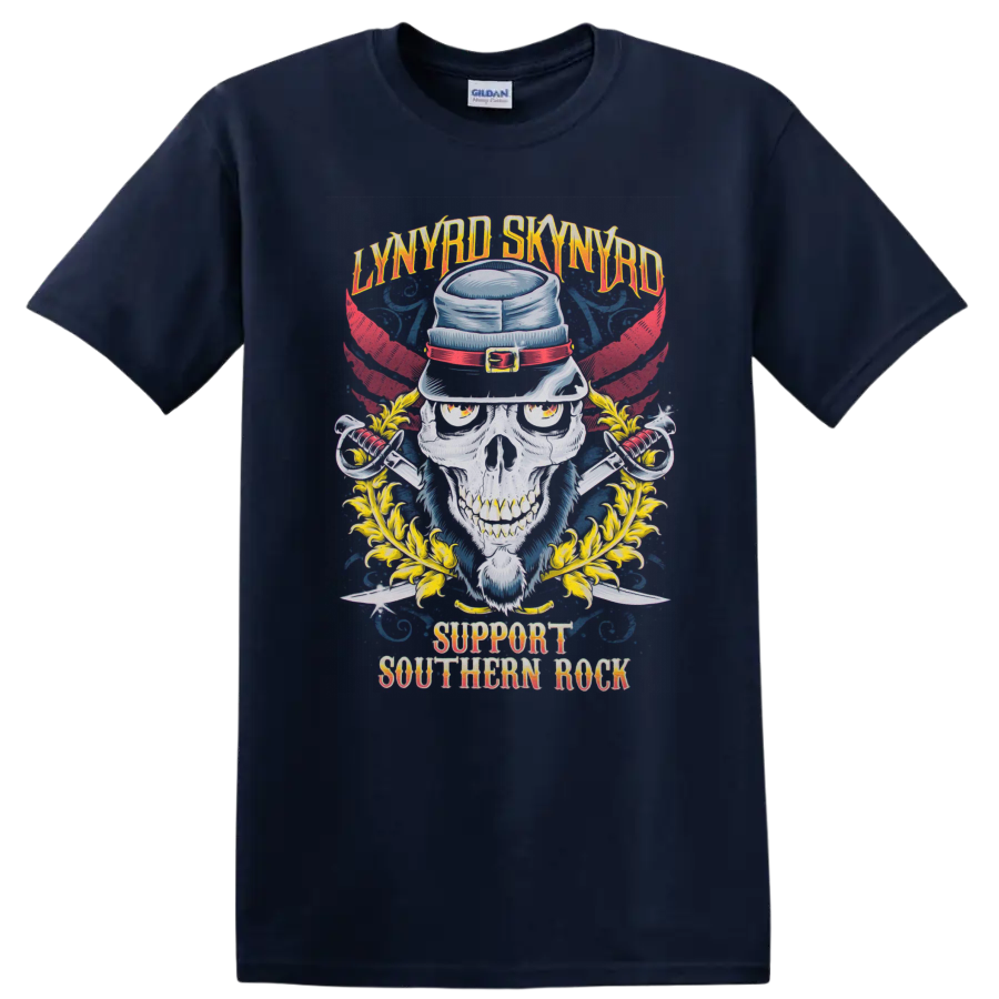 Lynyrd Skynyrd skull in hat with red wings, swords, and Support Southern Rock text on a Navy (Blue) T Shirt
