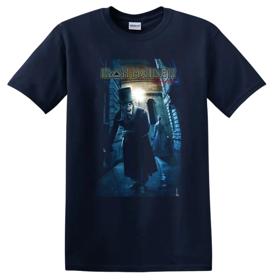 Iron Maiden Eddie Drifter artwork with blue alley scene and red Drifter lettering on a Navy (Blue) T Shirt
