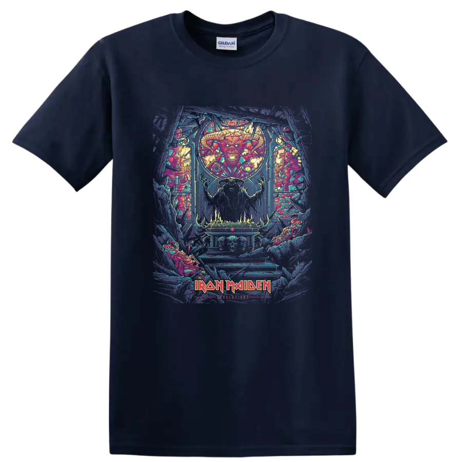 Iron Maiden Revelations Eddie artwork with horned figure, skulls, flames, and logo on a Navy (Blue) T Shirt