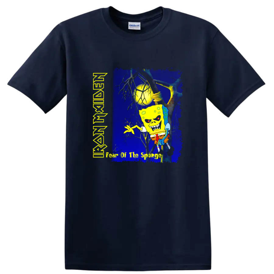 SpongeBob Fear of the Dark parody in a distressed Iron Maiden heavy metal art style on a Navy (Blue) T Shirt