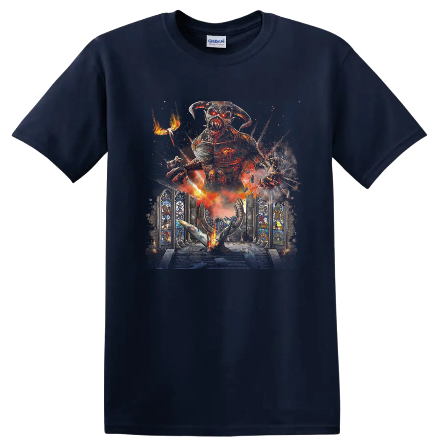 Iron Maiden Eddie above a gothic cathedral in blazing glitch-style heavy metal art on a Navy (Blue) T Shirt