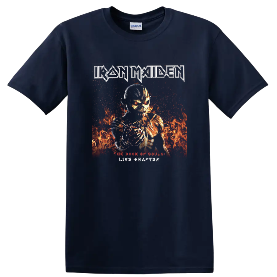 Iron Maiden The Book of Souls Eddie skeletal warrior in fiery heavy metal artwork on a Navy (Blue) T Shirt