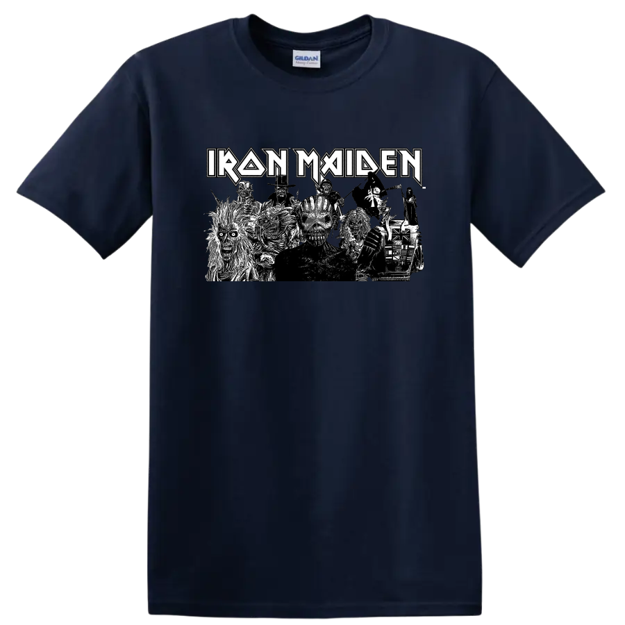 Iron Maiden logo above a black-and-white Eddie skeleton character collage on a Navy (Blue) T Shirt