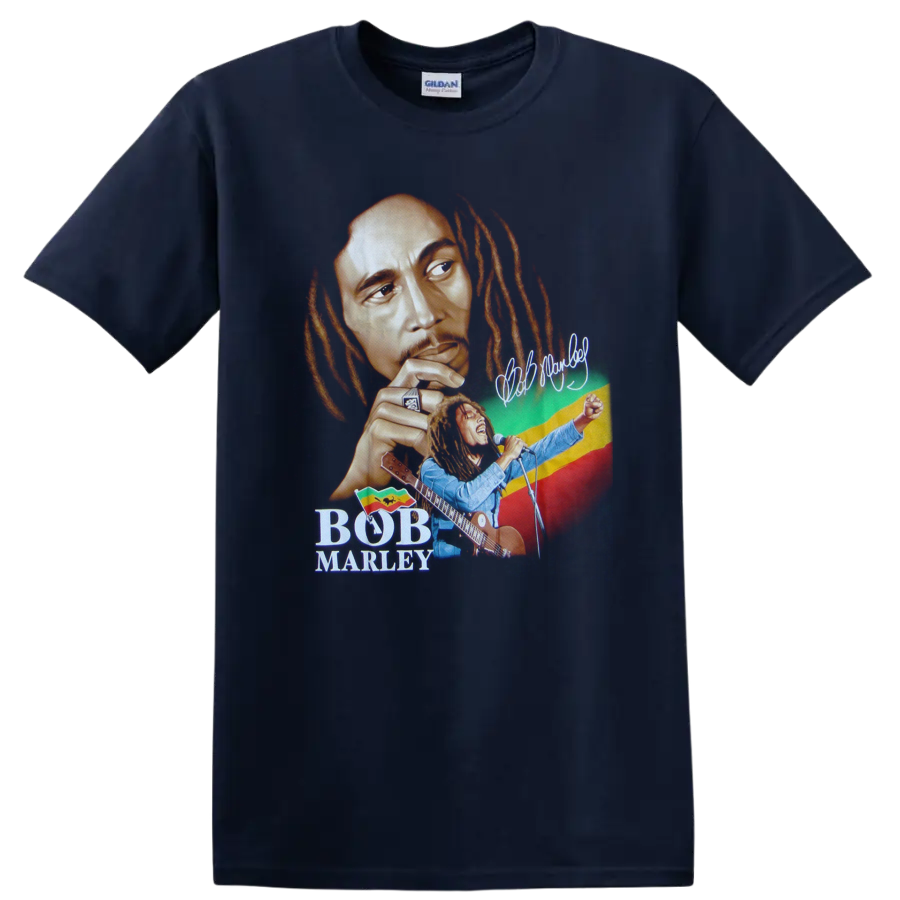 Bob Marley reggae portrait with guitar performance and red, yellow, green backdrop on a Navy (Blue) T Shirt