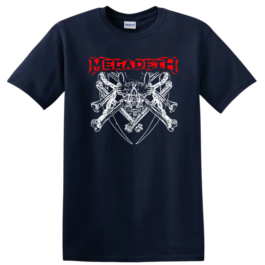Distressed red Megadeth logo in a jagged heavy metal graphic style on a Navy (Blue) T Shirt