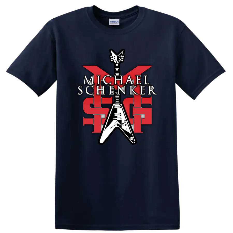 Michael Schenker MSG red and white Flying V guitar rock graphic on a Navy (Blue) T Shirt