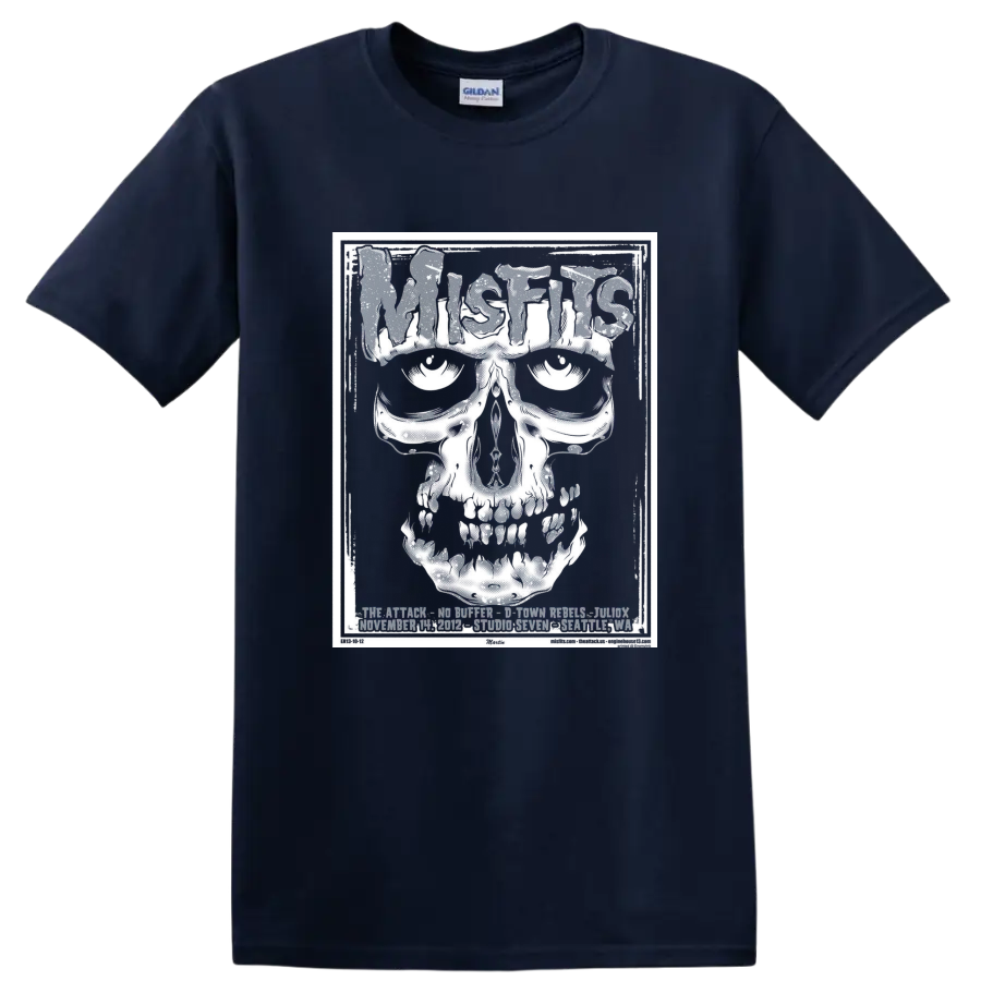 Misfits Fiend skull in distressed black-and-white horror punk poster style on a Navy (Blue) T Shirt