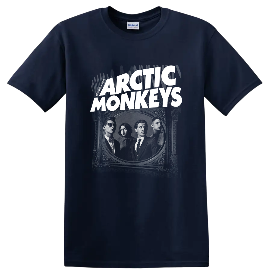 Arctic Monkeys band portrait in an ornate frame with bold distressed lettering on a Navy (Blue) T Shirt