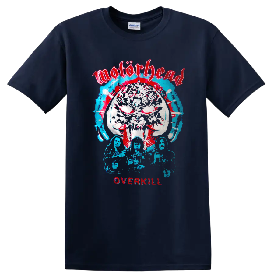 Motörhead Overkill Snaggletooth skull in distressed red and blue metal artwork on a Navy (Blue) T Shirt