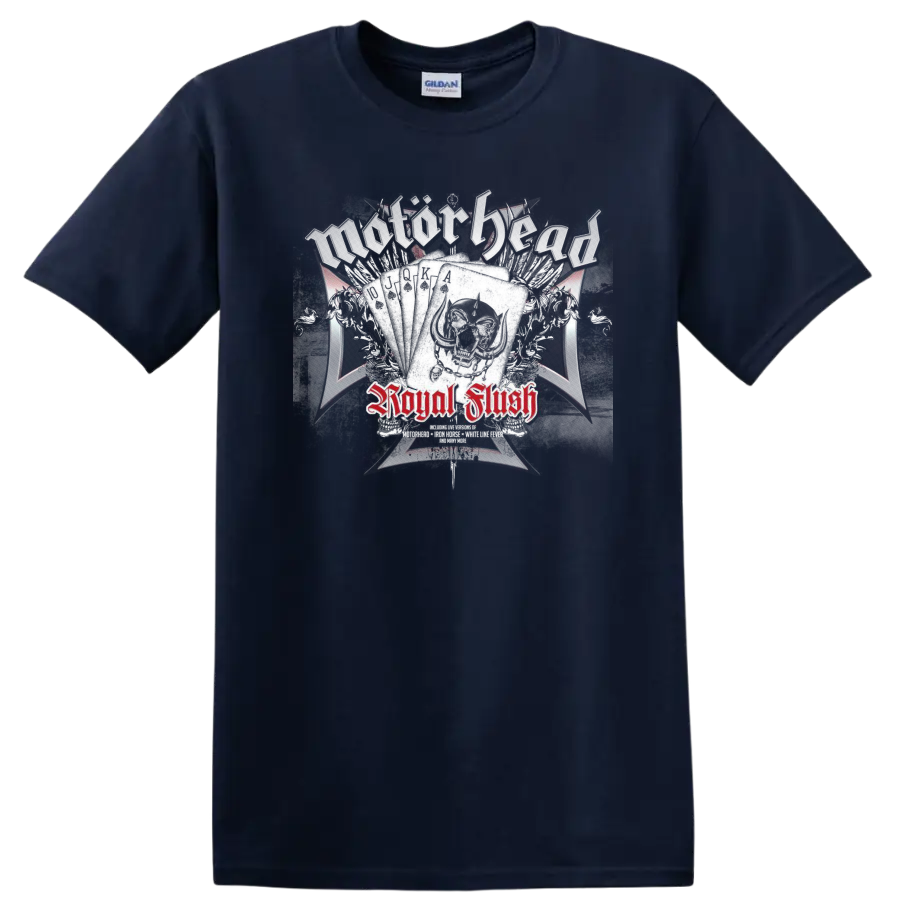 Motörhead Royal Flush skull and playing-card graphic with distressed red lettering on a Navy (Blue) T Shirt