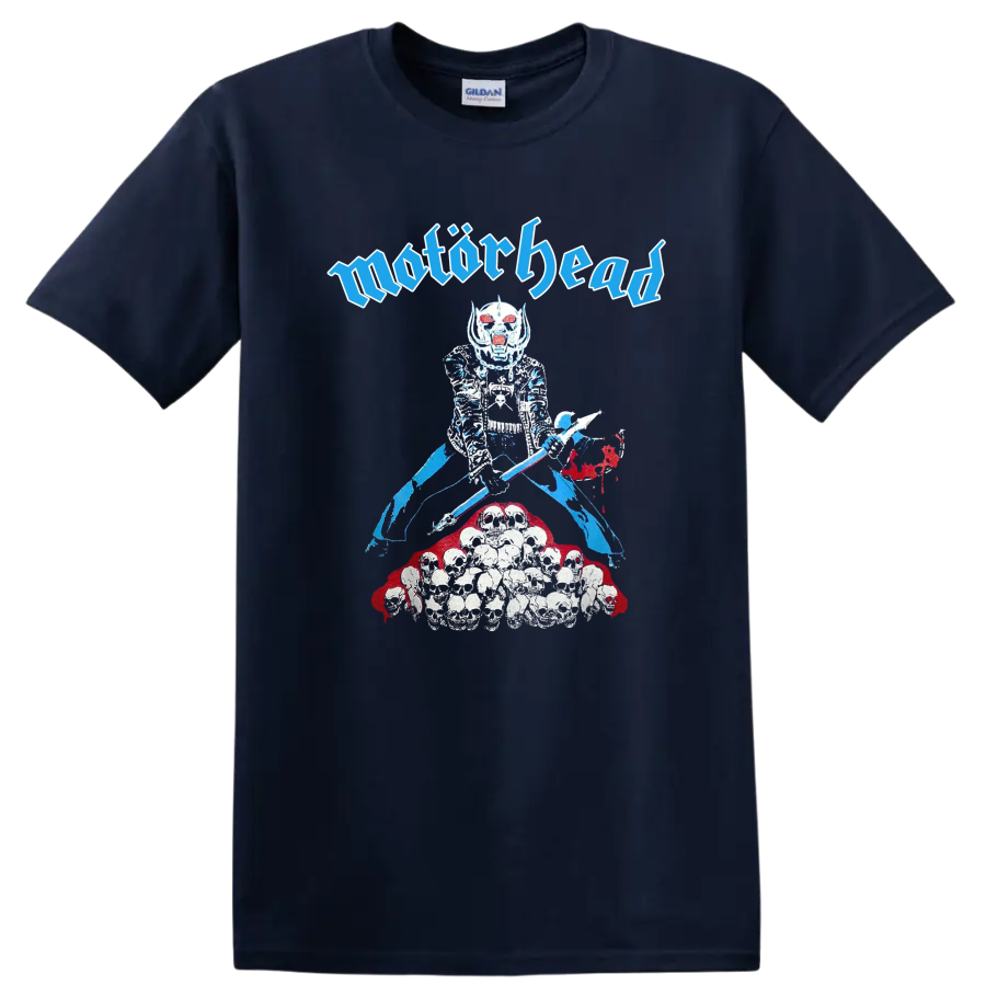 Motörhead Snaggletooth skull warrior graphic with Gothic lettering and skulls on a Navy (Blue) T Shirt