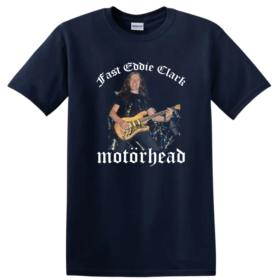 Motörhead live guitarist concert artwork with bold heavy metal lettering on a Navy (Blue) T Shirt