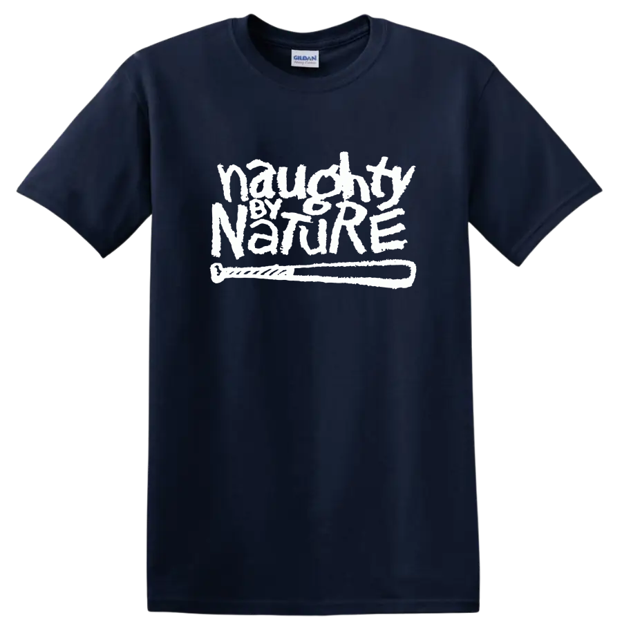 Naughty by Nature logo in distressed white graffiti-style lettering on a Navy (Blue) T Shirt