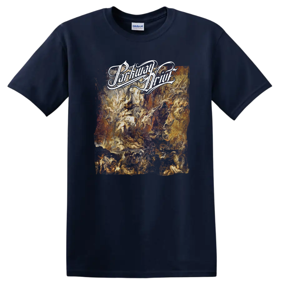Parkway Drive distressed white script over fiery orange and red grunge artwork on a Navy (Blue) T Shirt