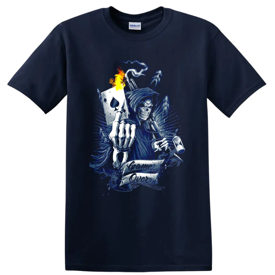 Blue grim reaper skull with flaming spade card and Game Over banner on a Navy (Blue) T Shirt