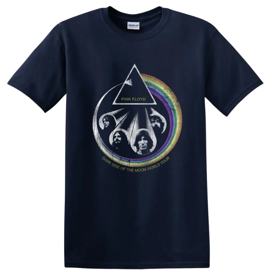 Pink Floyd Dark Side of the Moon prism, rainbow arc, and flying pig graphic on a Navy (Blue) T Shirt