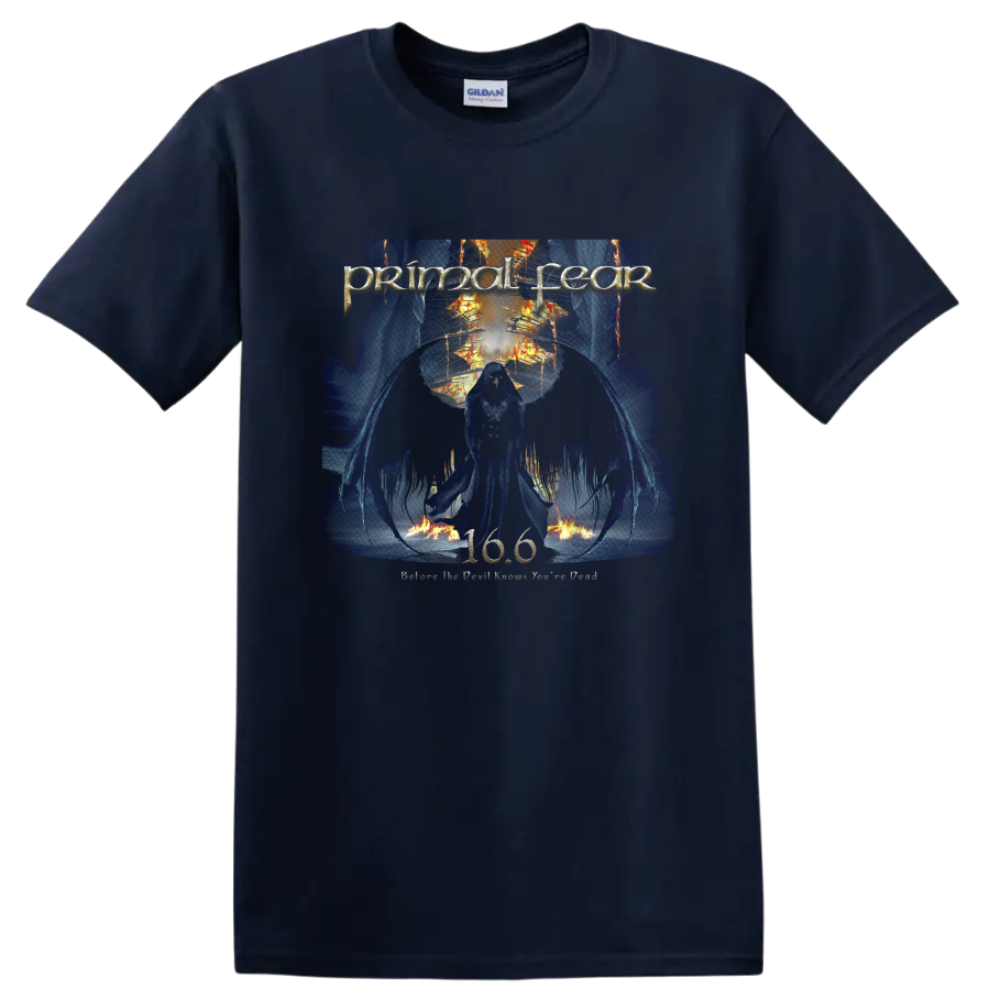 Primal Fear skull warrior graphic with blue flames, orange fire, and metal artwork on a Navy (Blue) T Shirt