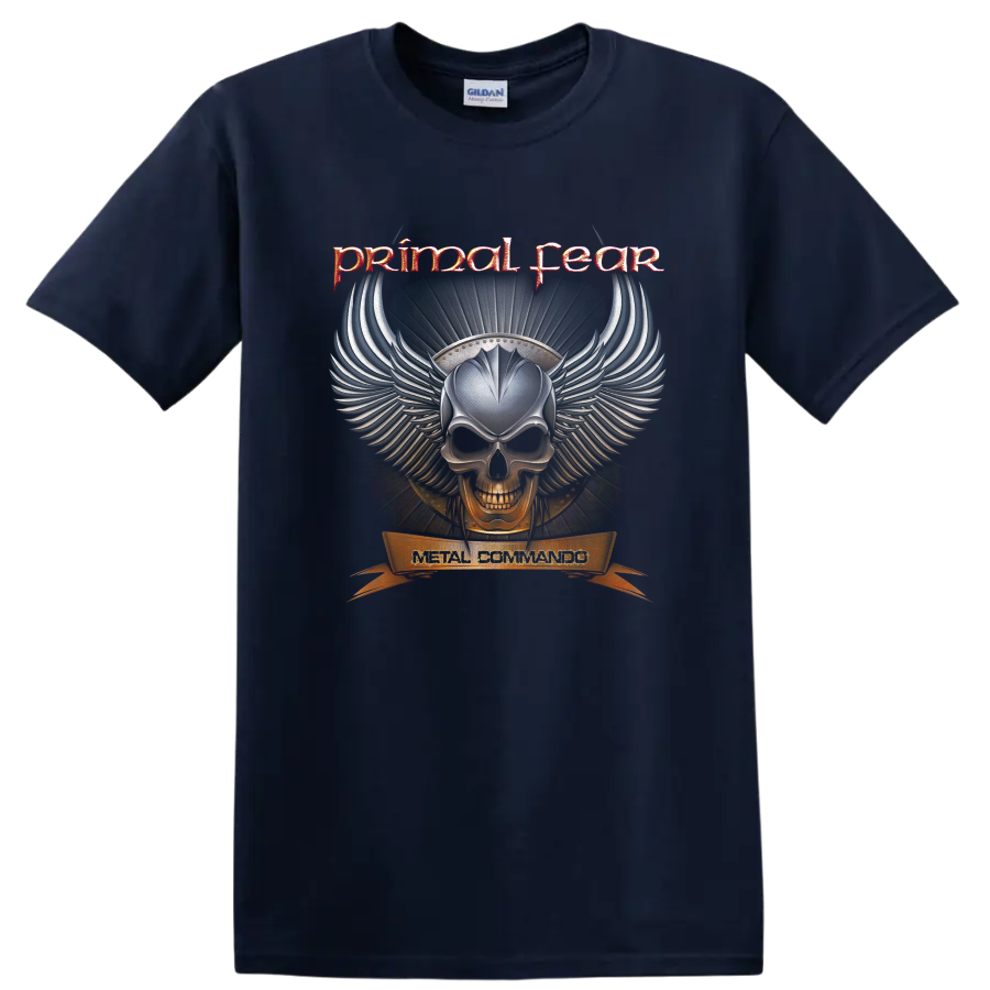 Primal Fear Metal Commando winged skull with fiery gothic heavy metal artwork on a Navy (Blue) T Shirt